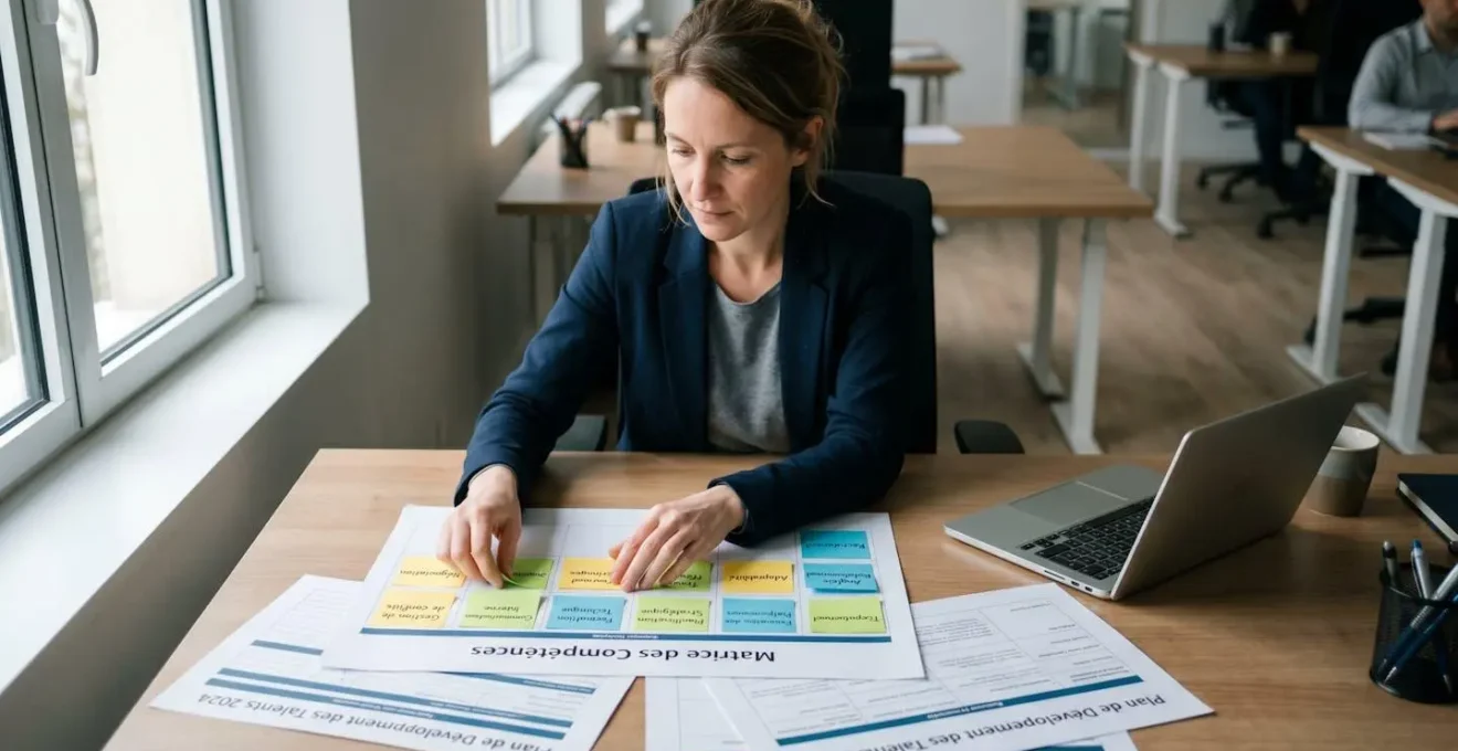 Responsable formation travaillant sur une matrice de compétences avec documents de planification stratégique et sticky notes colorisés organisés sur son bureau