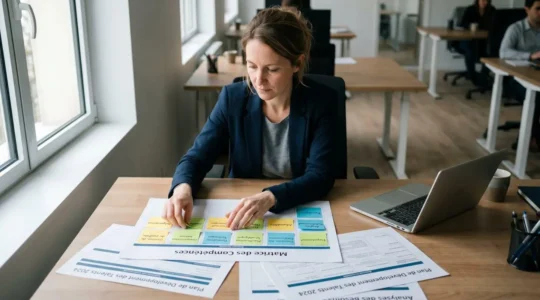 Responsable formation travaillant sur une matrice de compétences avec documents de planification stratégique et sticky notes colorisés organisés sur son bureau