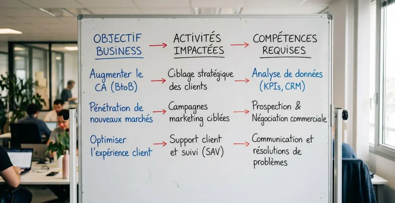 Tableau blanc présentant une méthode structurée de décomposition des objectifs business en compétences requises avec colonnes et flèches de connexion